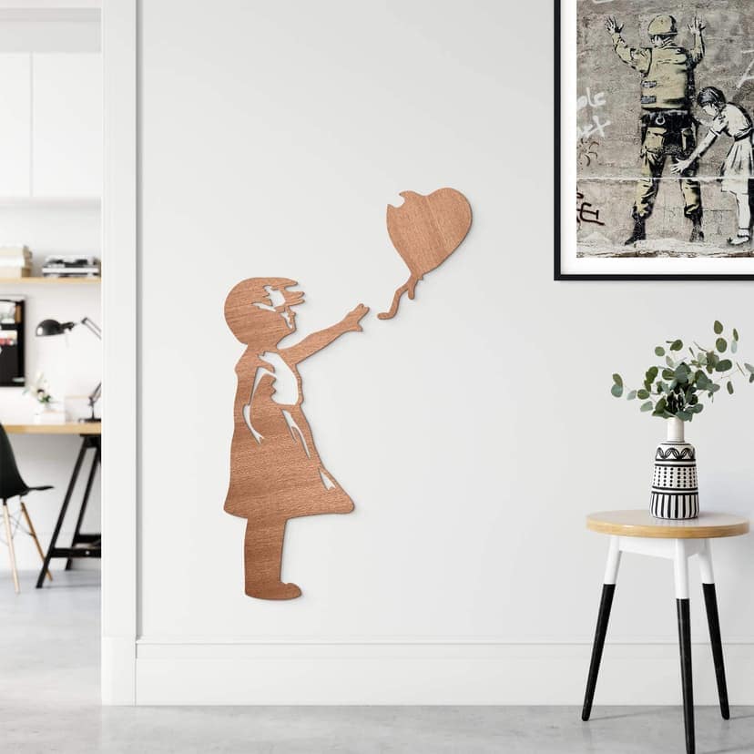 Decoración en madera caoba - Banksy - Chica del globo rojo (2 piezas)