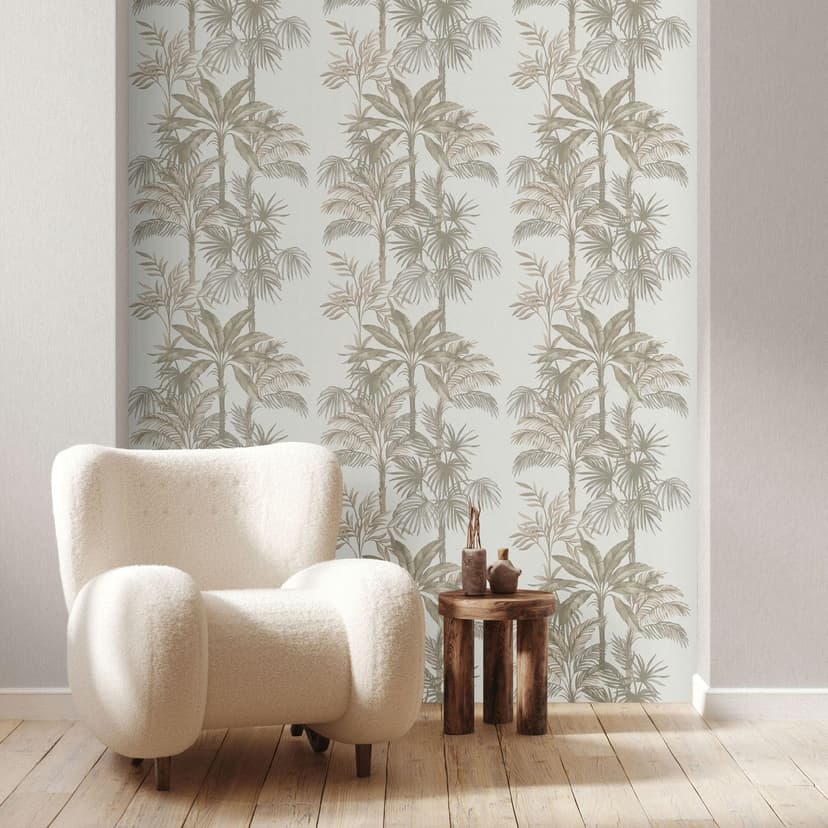 Papel pintado no tejido en blanco beige árboles hojas selva naturaleza floral