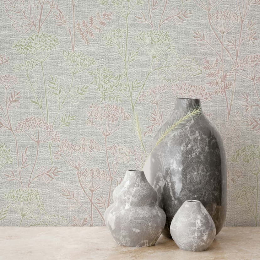 Papel pintado no tejido flores, hojas naturaleza floral en gris