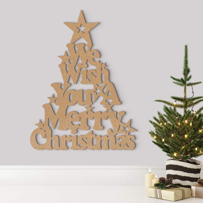 Decoración en madera - Árbol de Navidad Le deseamos una feliz Navidad - MDF naturaleza