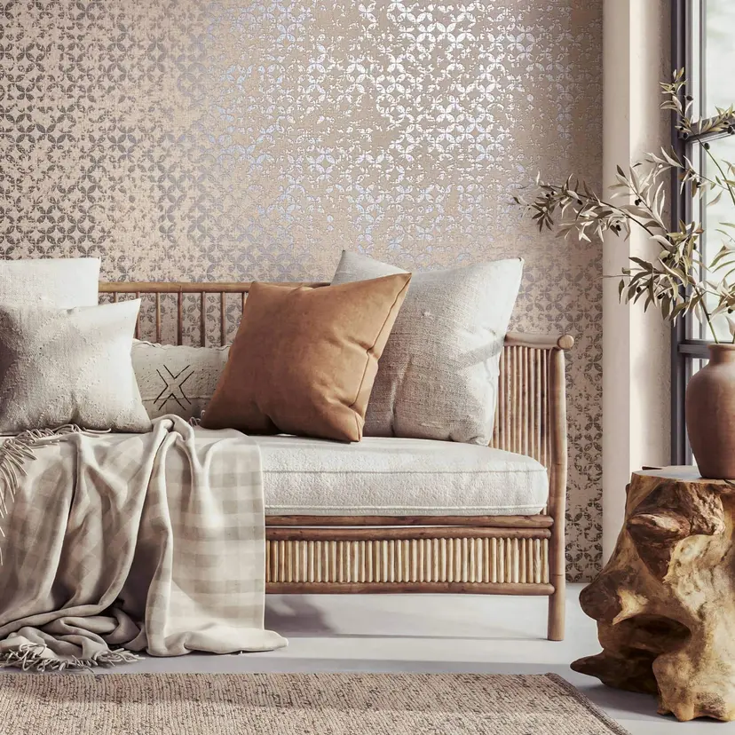 Papel pintado no tejido en estilo ornamental estrellas gráfico beige