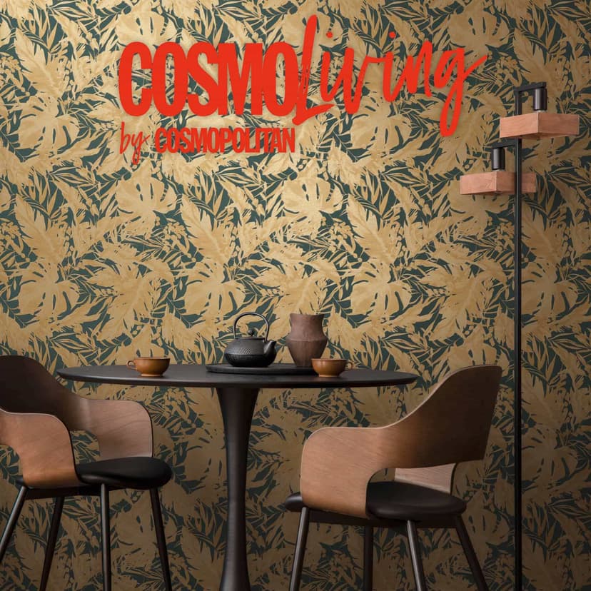 Papel pintado COSMOPOLITAN beige petróleo dorado efecto jungla - Papel pintado no tejido de diseño