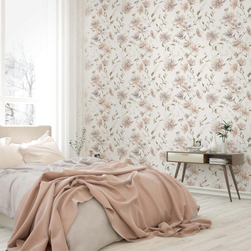 Papel pintado no tejido flores, hojas naturaleza floral mate en blanco verde