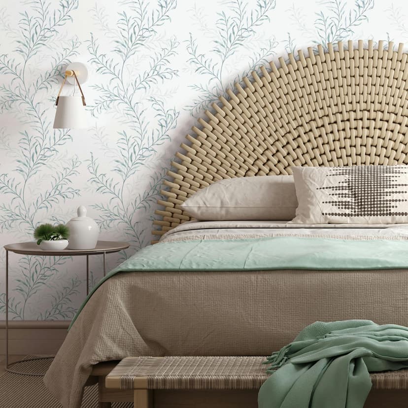 Papel pintado no tejido hojas naturaleza floral mate en blanco verde