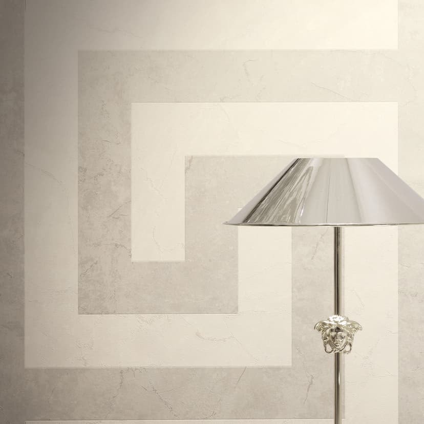 Papel pintado no tejido Versace meandro griego grafico gris marmol look moderno lujoso