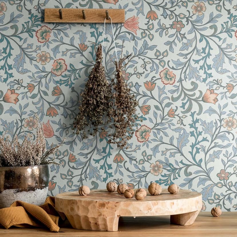 Papel pintado no tejido flores, motivo hoja naturaleza floral en azul