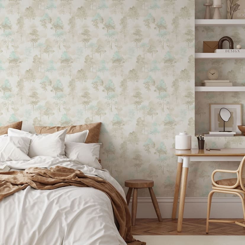 Papel pintado no tejido Bosque de acuarelas con árboles en crema beige menta Escandinavo