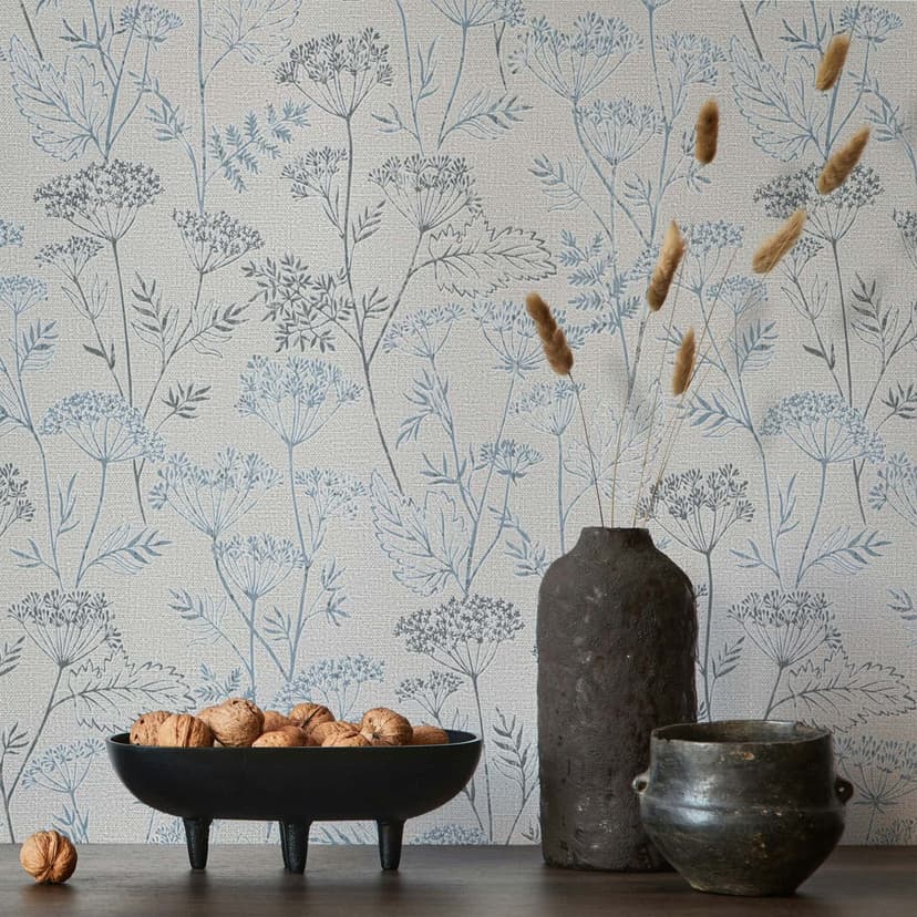 Papel pintado no tejido flores, hojas naturaleza floral en gris