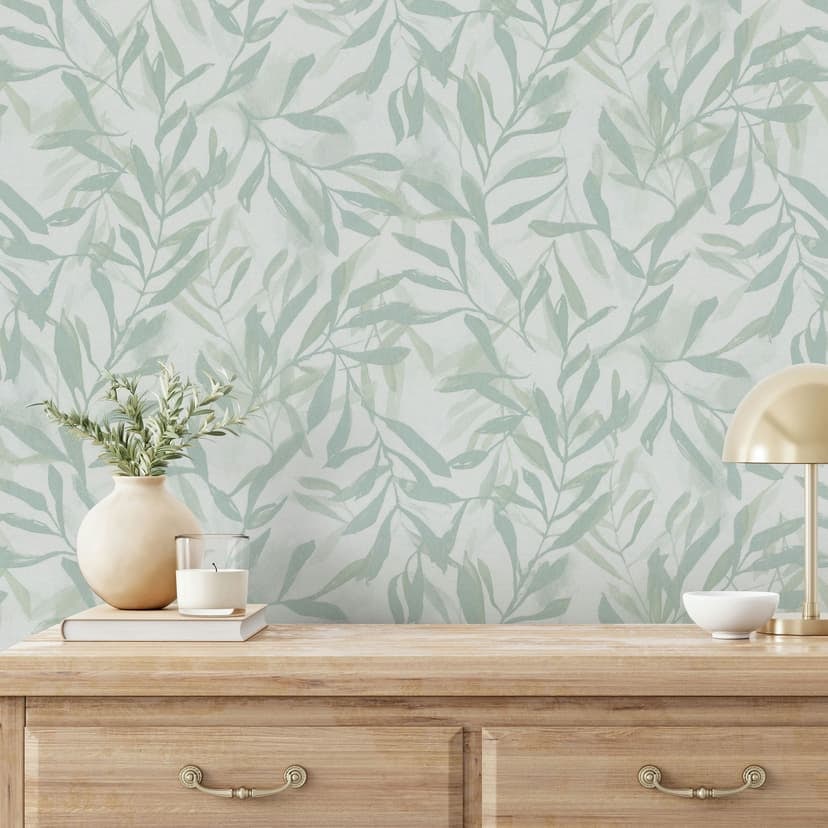 Papel pintado no tejido en blanco hojas verdes aspecto vintage floral naturaleza