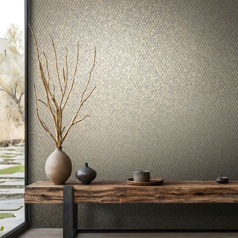 Papel pintado no tejido de color negro, dorado con motivo de rombos gráficos geométricos
