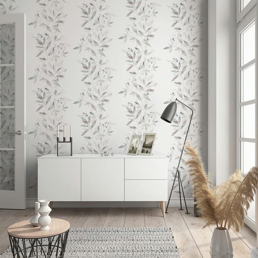 Papel pintado no tejido hojas naturaleza floral mate en blanco grisáceo