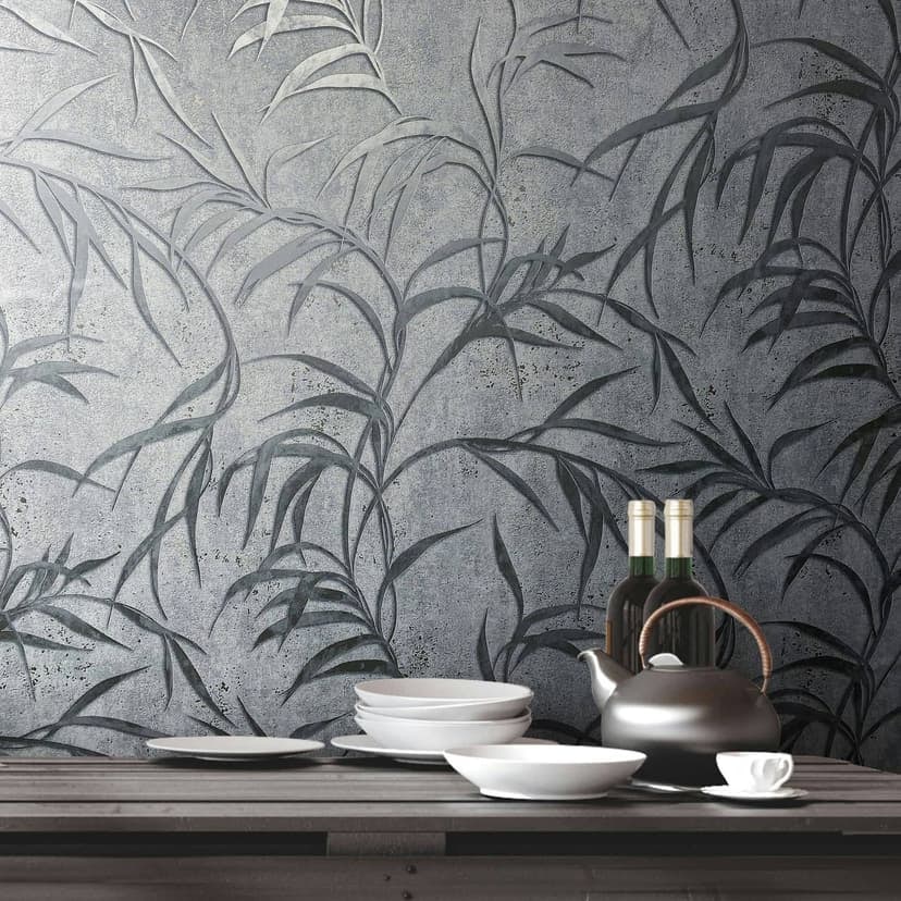Papel pintado no tejido con hojas en hormigón de aspecto floral gris
