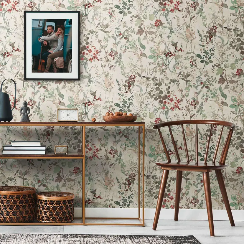Papel pintado floral casa de campo papel pintado vintage blanco verde rojo papel pintado no tejido flores florales