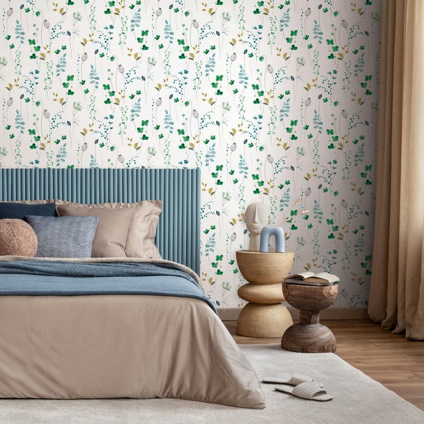 Papel pintado no tejido hojas, ramas naturaleza floral mate en blanco verde