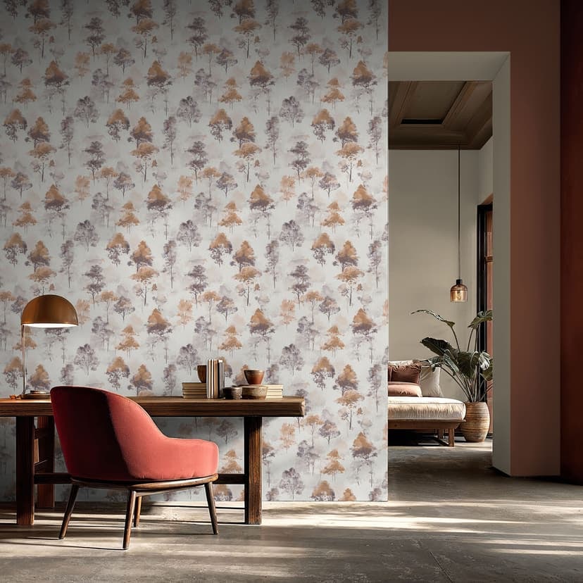Papel pintado no tejido de acuarela bosque en beige marrón gris con árboles de aspecto otoñal