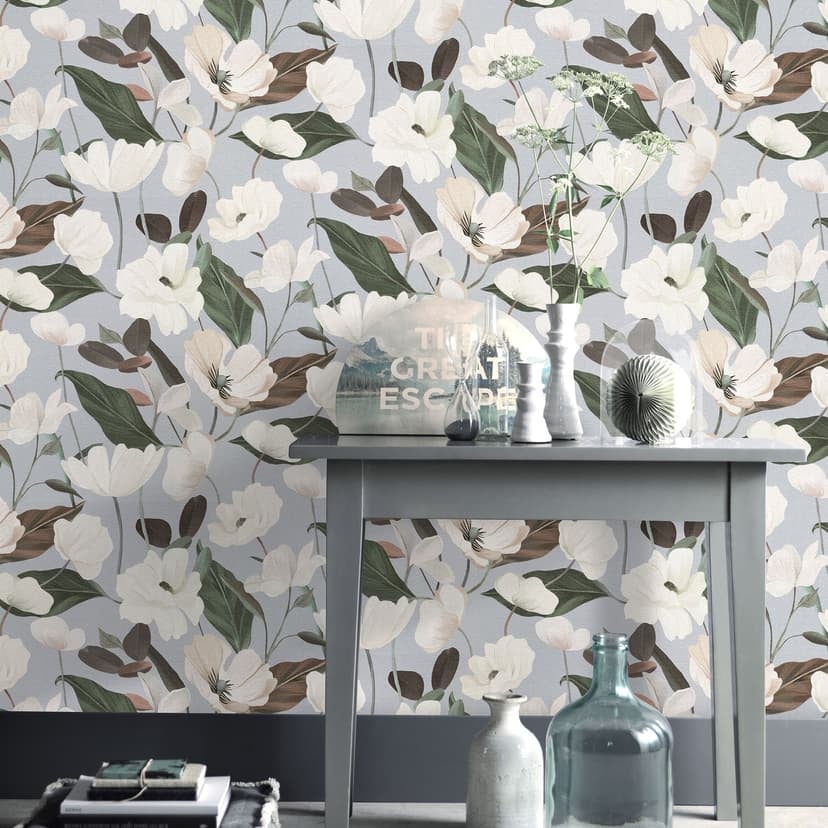 Papel pintado no tejido, papel pintado motivo floral Secret Garden gris