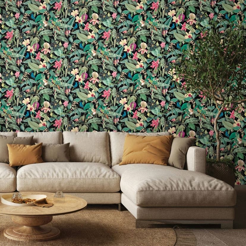 Papel pintado no tejido de color negro, hojas verdes flores naturaleza floral