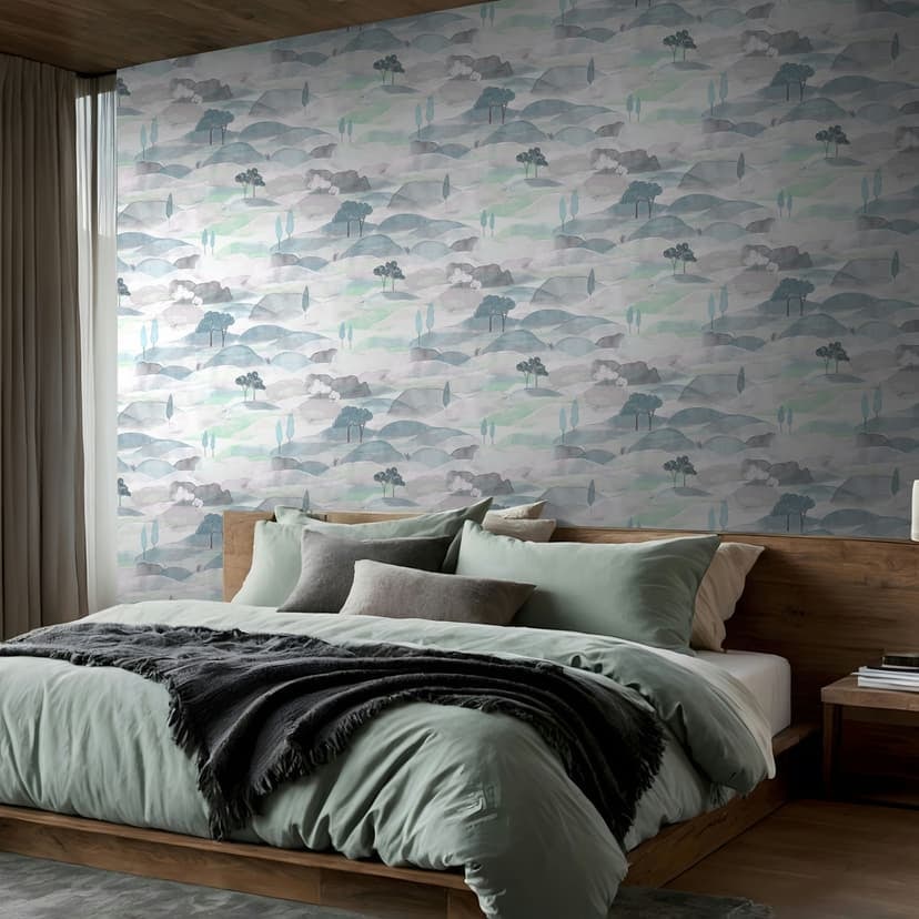 Papel pintado no tejido paisaje gráfico naturaleza mate en blanco verde azul