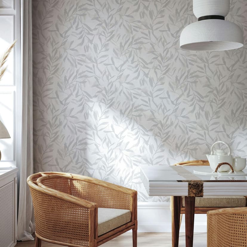 Papel pintado no tejido blanco gris hojas aspecto vintage floral naturaleza