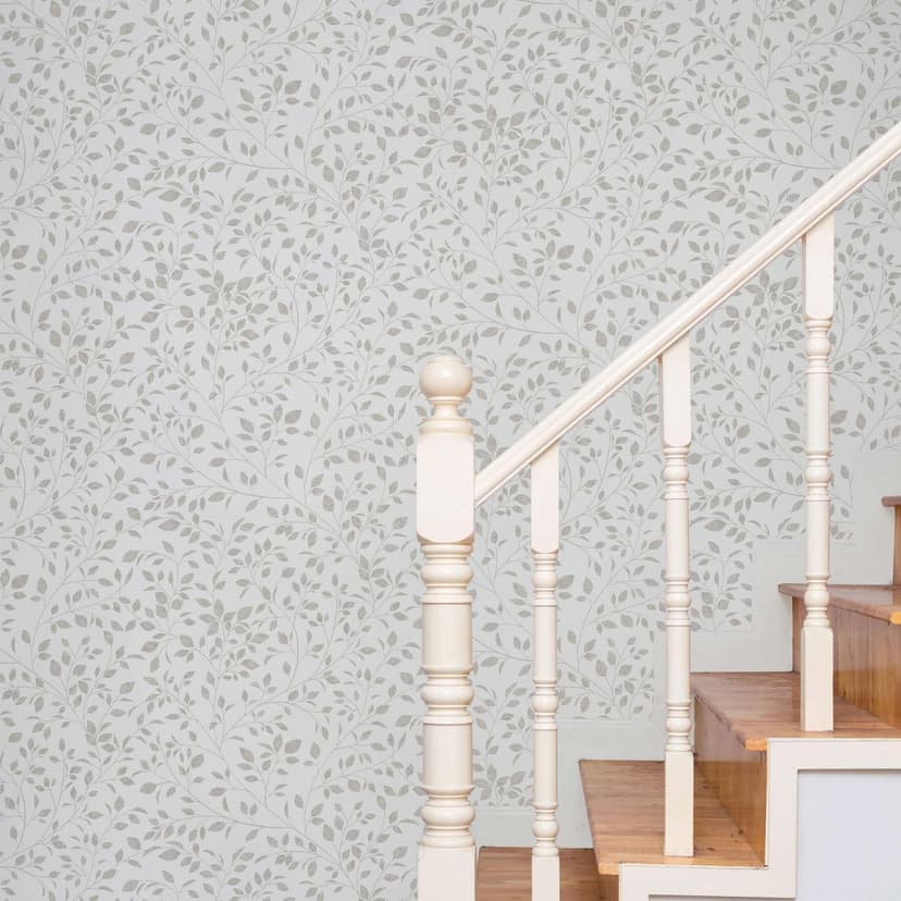Papel pintado no tejido hojas naturaleza floral mate en blanco grisáceo