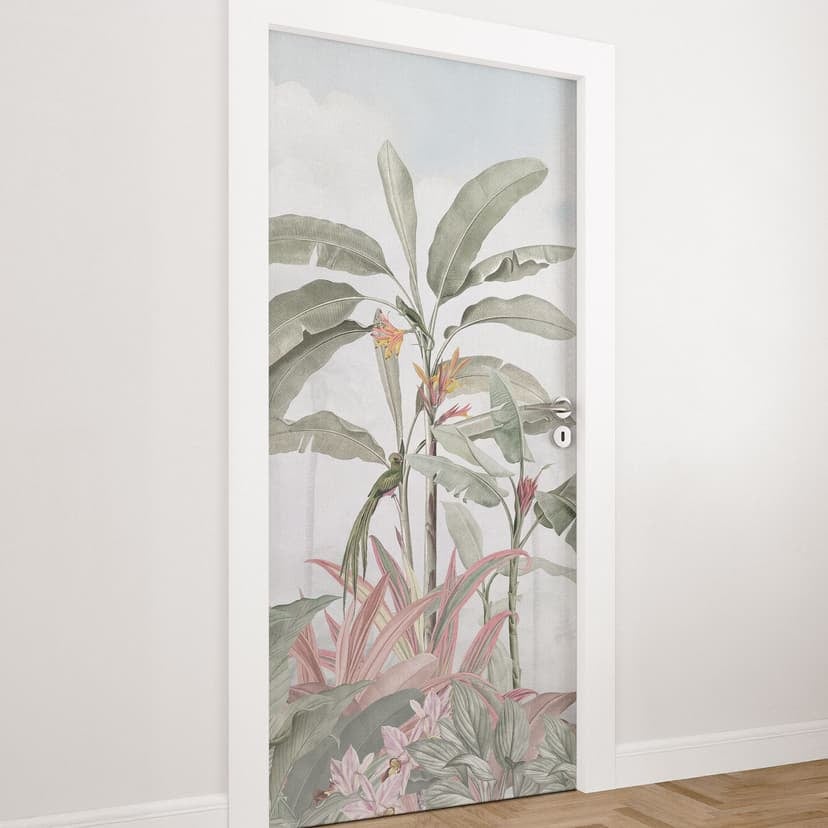 Vinilo para puerta Idilio tropical con colibrí azul - Bloomery Decor - Decoración autoadhesiva para