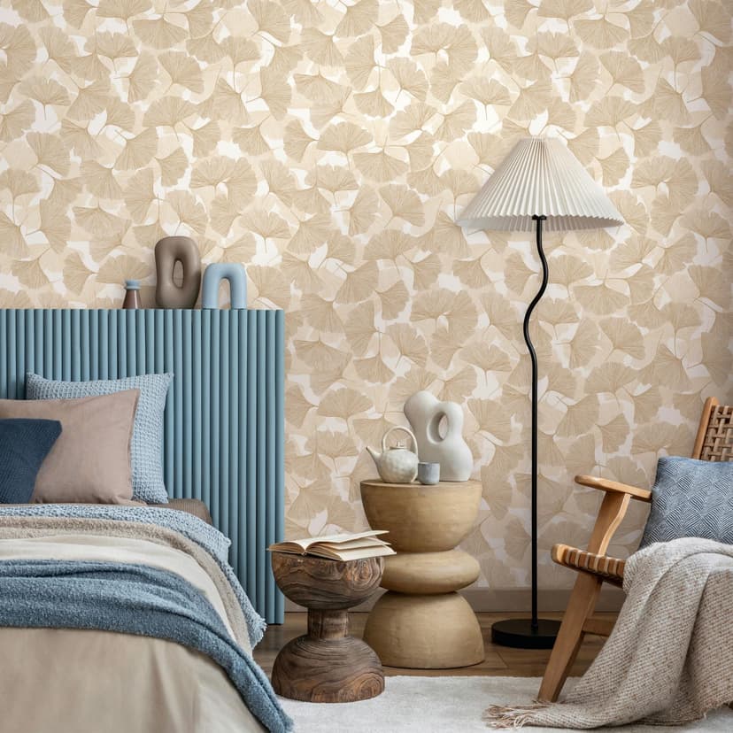 Papel pintado no tejido 3D, hojas naturaleza floral mate en beige