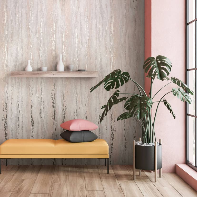 Papel pintado no tejido con aspecto de yeso beige brillante y de textura gruesa