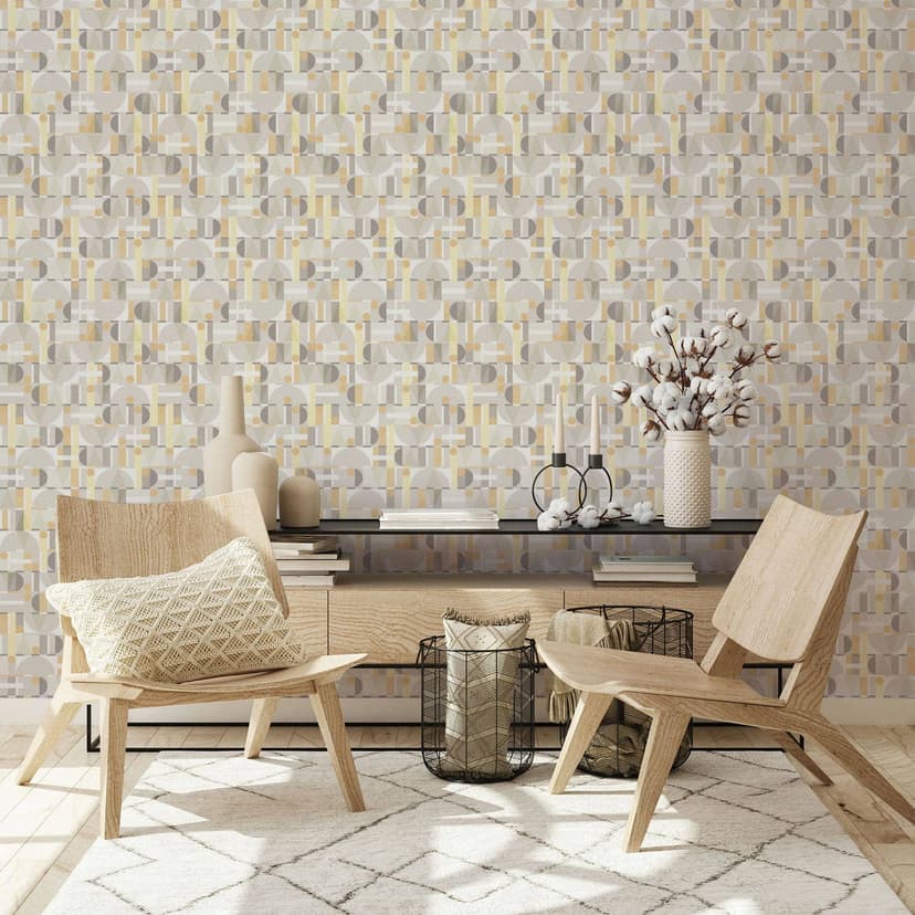 Papel pintado no tejido de color gris blanco amarillo formas modernas gráfico geométrico