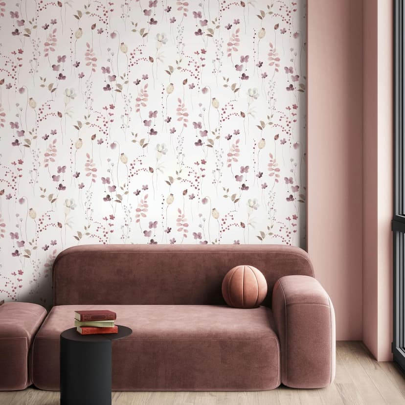 Papel pintado no tejido hojas, ramas naturaleza floral mate en blanco rojo