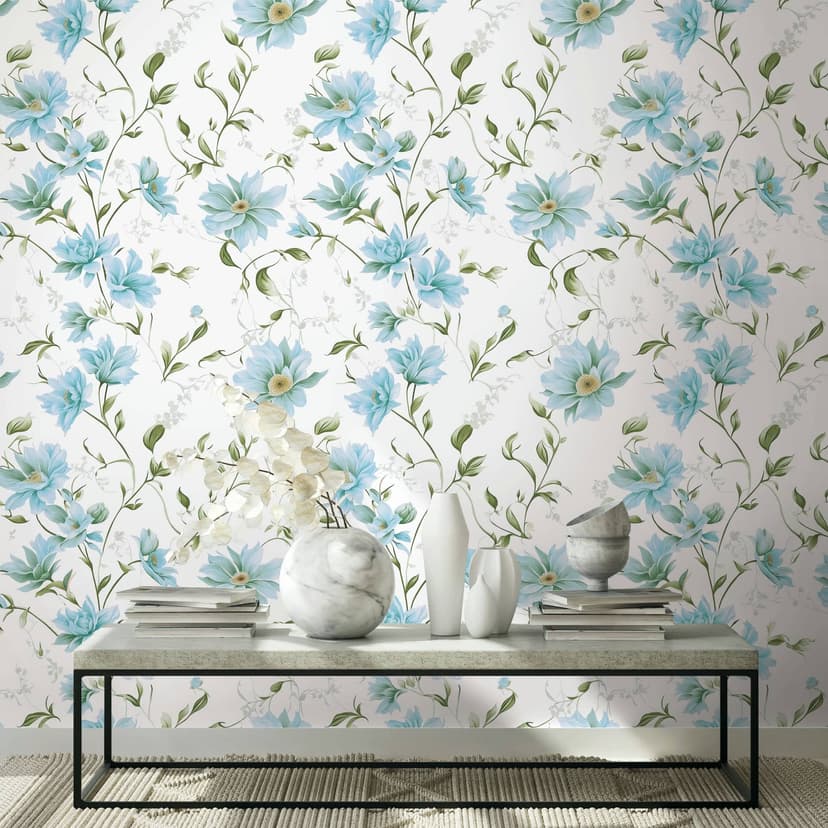Papel pintado no tejido flores, hojas naturaleza floral mate en blanco verde azul