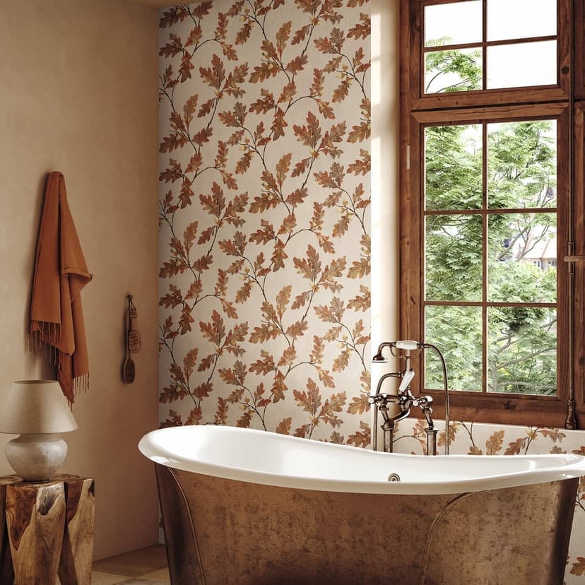 Papel pintado no tejido con motivo de hojas con castañas gris, marrón floral
