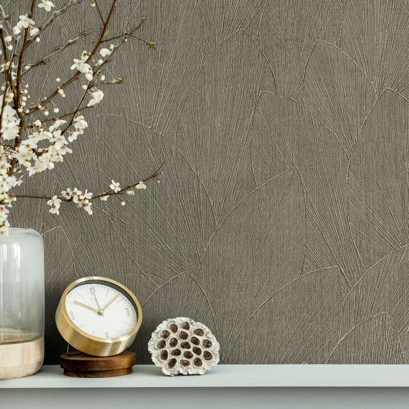 Papel pintado no tejido con motivo de hojas texturizadas floral gris