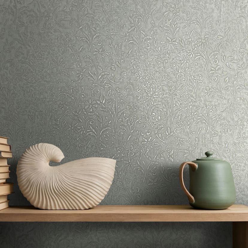 Papel pintado no tejido con motivo de hojas grises naturaleza floral