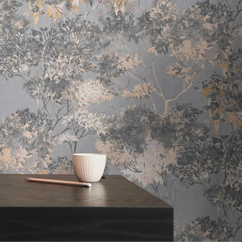 Papel pintado tejido-no tejido floral con árboles gris beige - papel pintado con aspecto de acuarela blanco