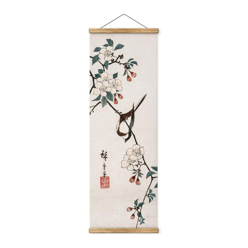 Póster de tela Hiroshige - Pequeño pájaro en rama de cerezo - Panorama