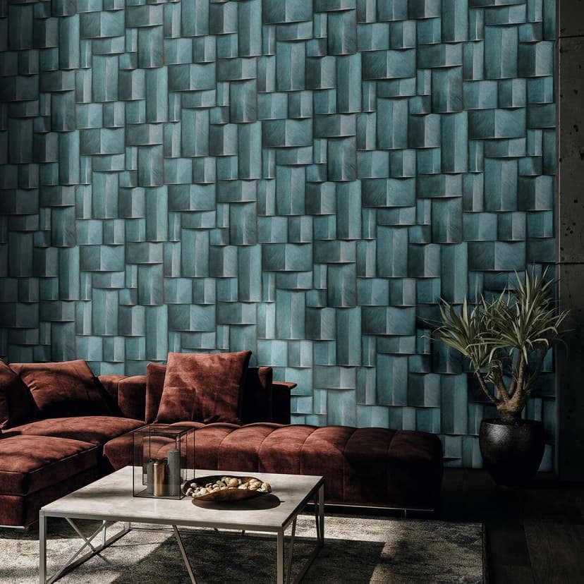 Papel pintado no tejido con motivo madera geométrico azul, turquesa aspecto 3D