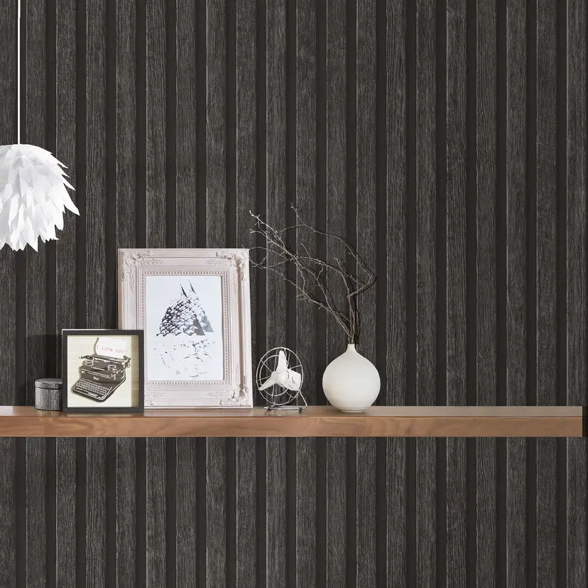 Papel pintado no tejido Paneles de madera 3D - láminas de madera natural de A.S. Creation negro, moderno