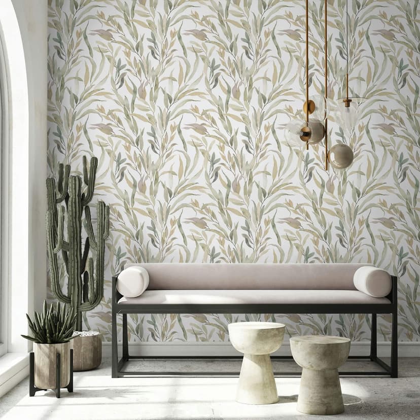 Papel pintado no tejido hojas naturaleza floral mate en blanco gris beige