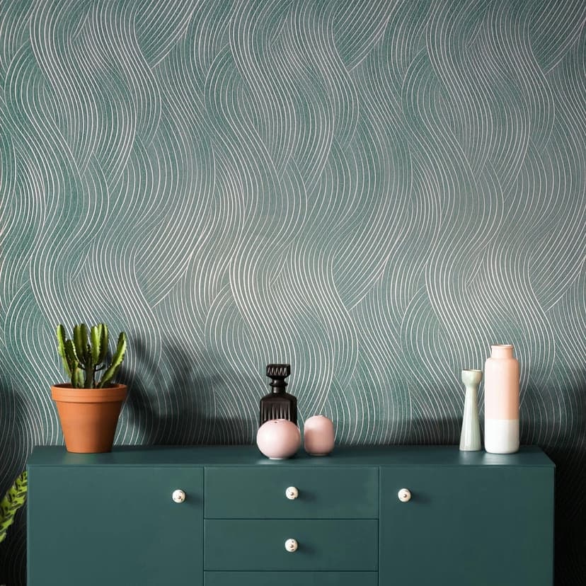 Papel pintado no tejido de color verde, plata onda mirada textura gráfica moderna
