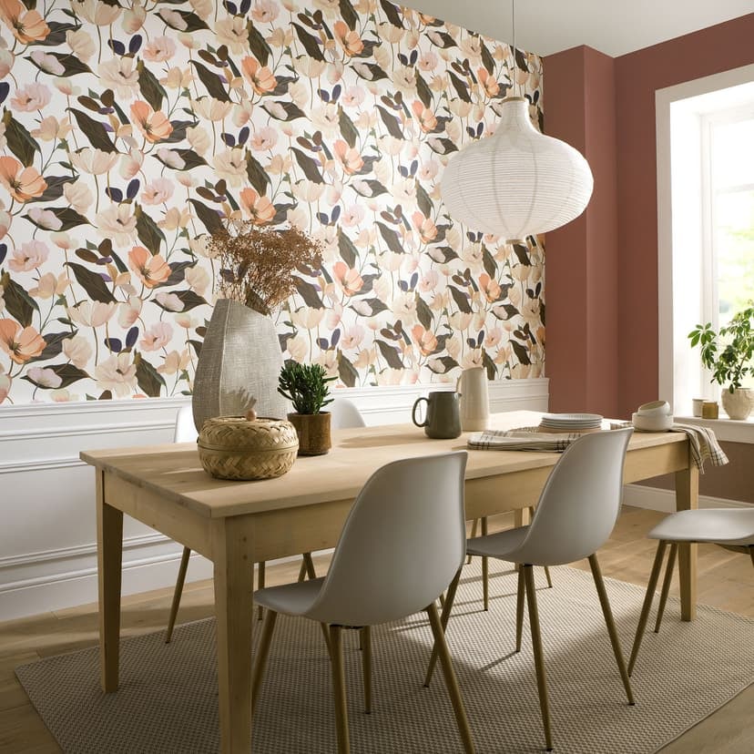 Papel pintado no tejido, papel pintado motivo floral Secret Garden coral