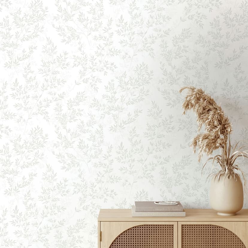 Papel pintado no tejido hojas naturaleza floral mate en blanco verde