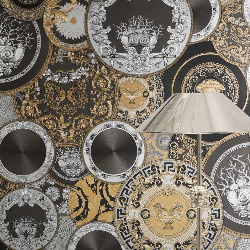 Versace Papel pintado no tejido Art De La Table Baroque Circles Medusa Meander Black Gold