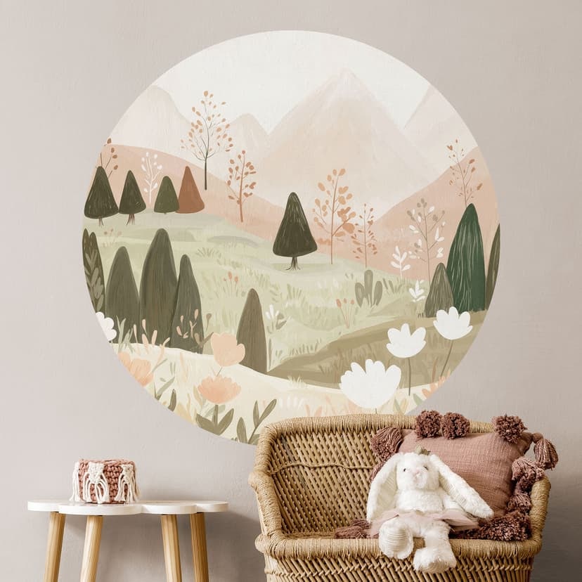 Vinilo decorativo paisaje de montaña en colores pastel con flores - Treechild - Redondo