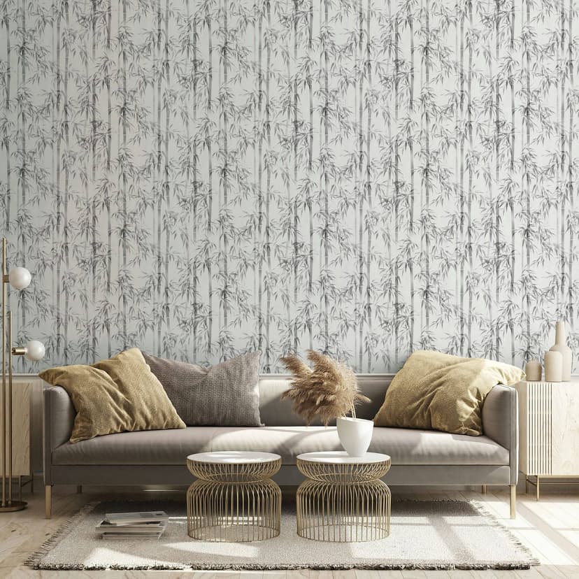 Papel pintado no tejido en blanco, gris hojas de bambú naturaleza floral