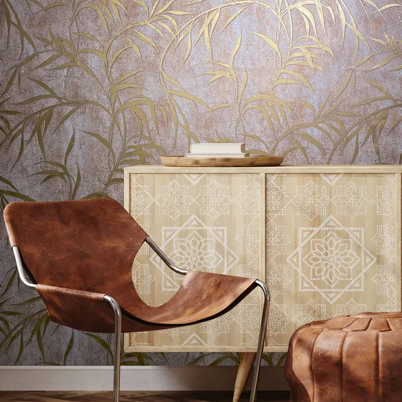 Papel pintado no tejido con hojas en hormigón de aspecto floral marrón